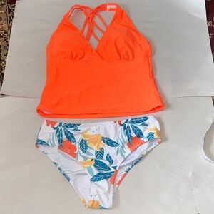 Orange Bikini Top and Floral‎ Bottom Set New M